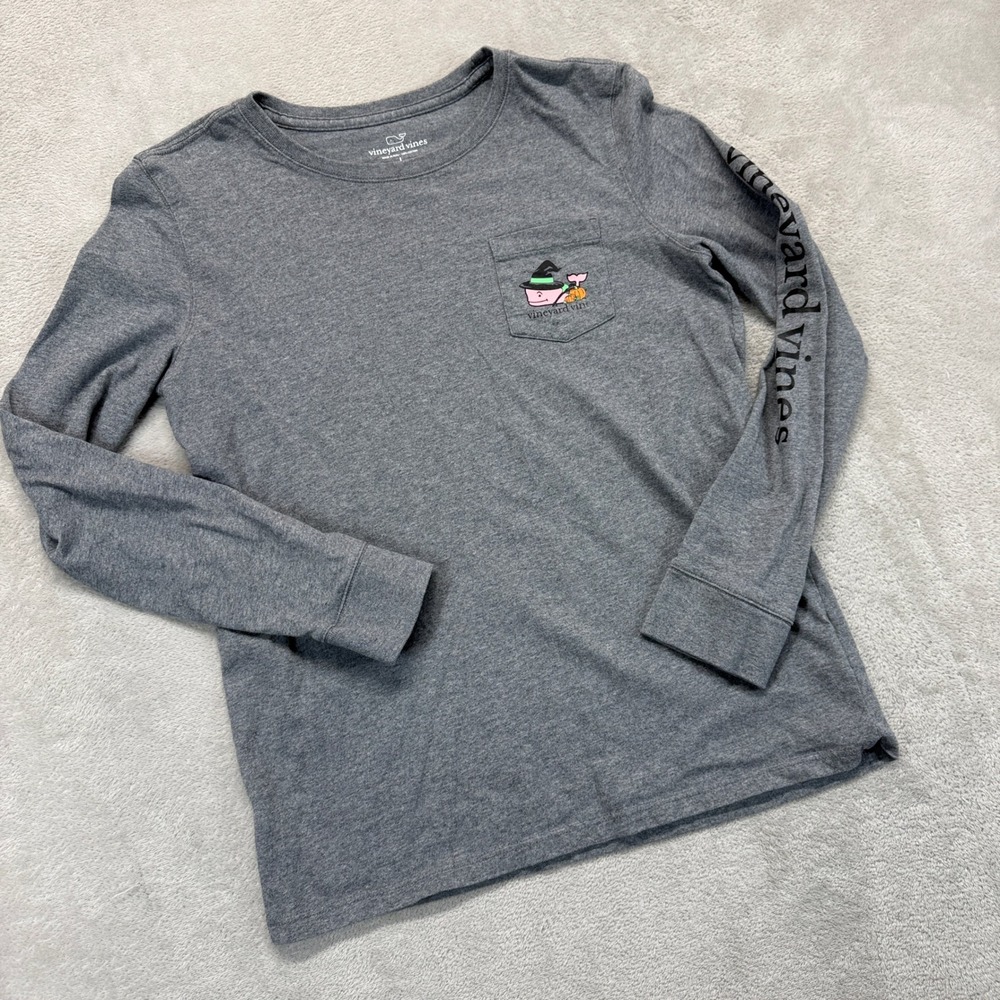 Vineyard Vines Shirt Youth Large Grey Halloween Witch Whale Long Sleeve Pocket‎